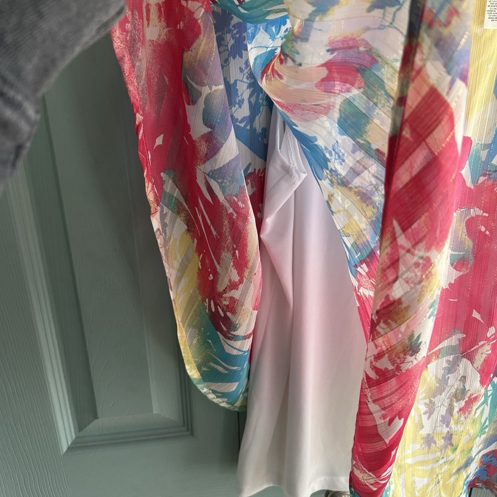Chicos Tropical Floral Pink Blouse Size 2 US Large Flowy Spring Short Sleeve - Picture 7 of 13